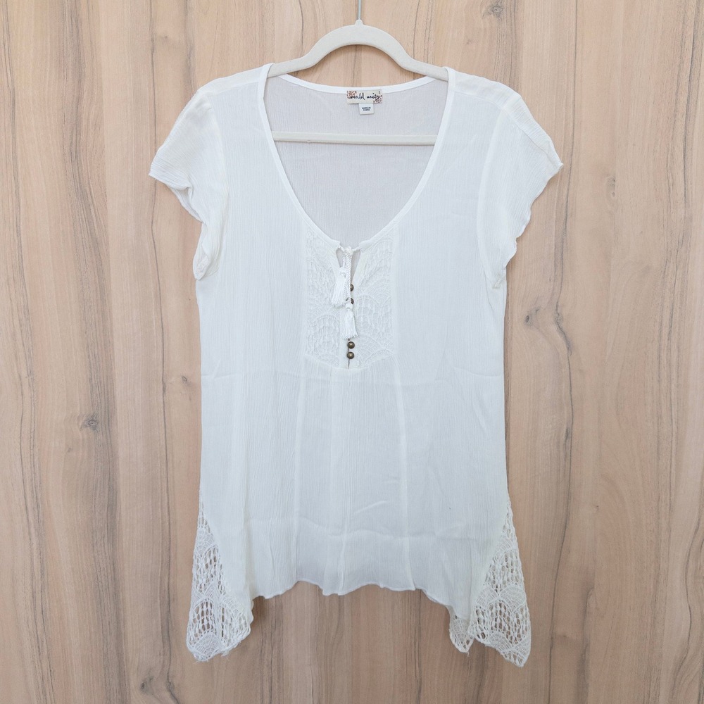 World Unity Womens Top S White Lace Crochet Gauze Sharkbite Hem Boho Coastal